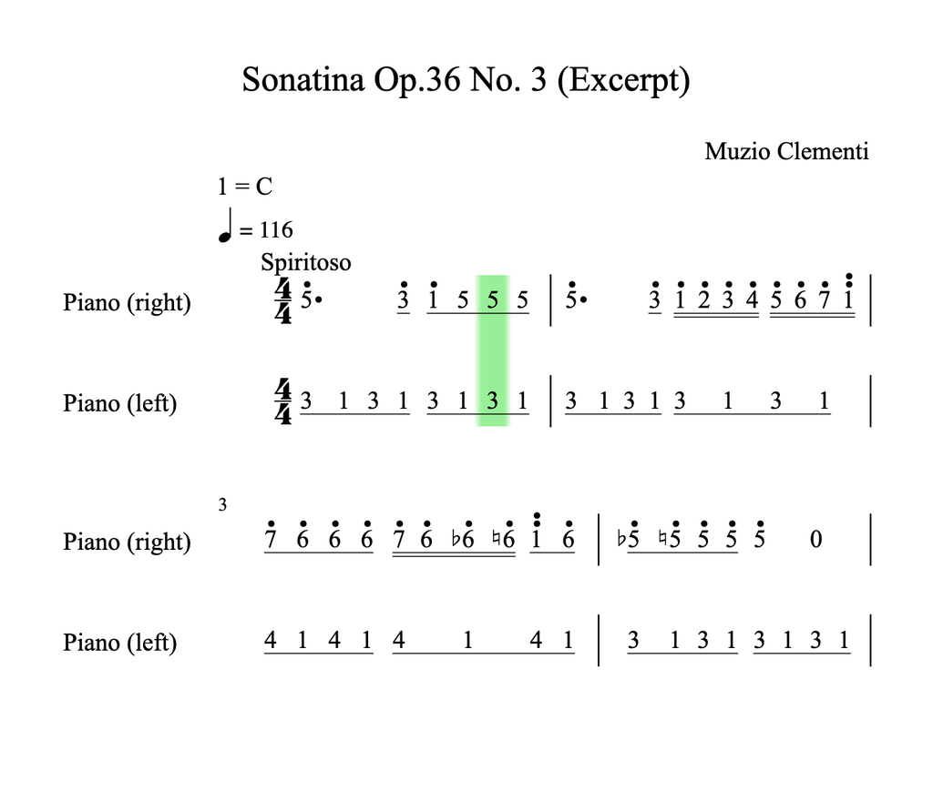 The opening of Clementi's Sonatina Op. 36 No. 3 in Jianpu, rendered by OSMD, with the playback cursor on the numbers