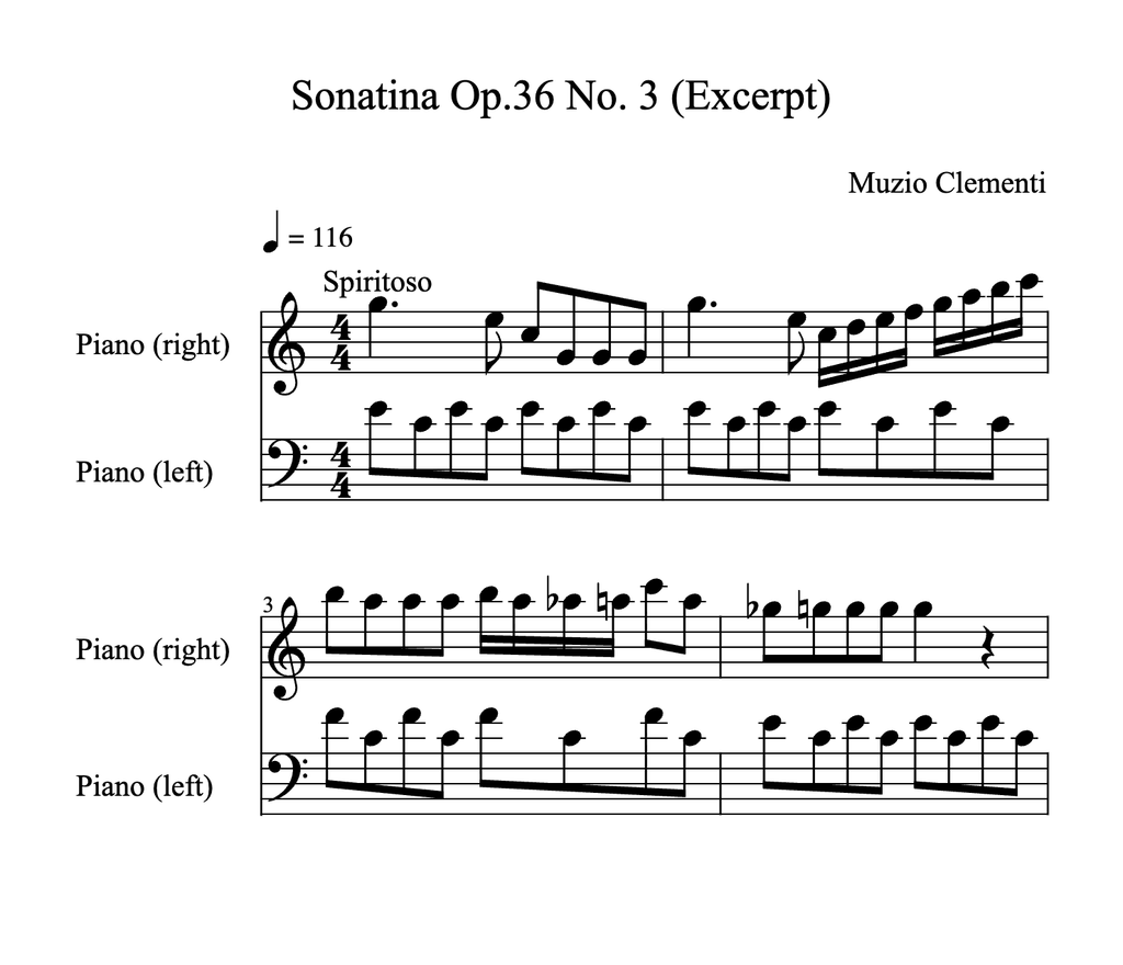 The opening of Clementi's Sonatina Op. 36 No. 3 in classical notation, rendered by OSMD
