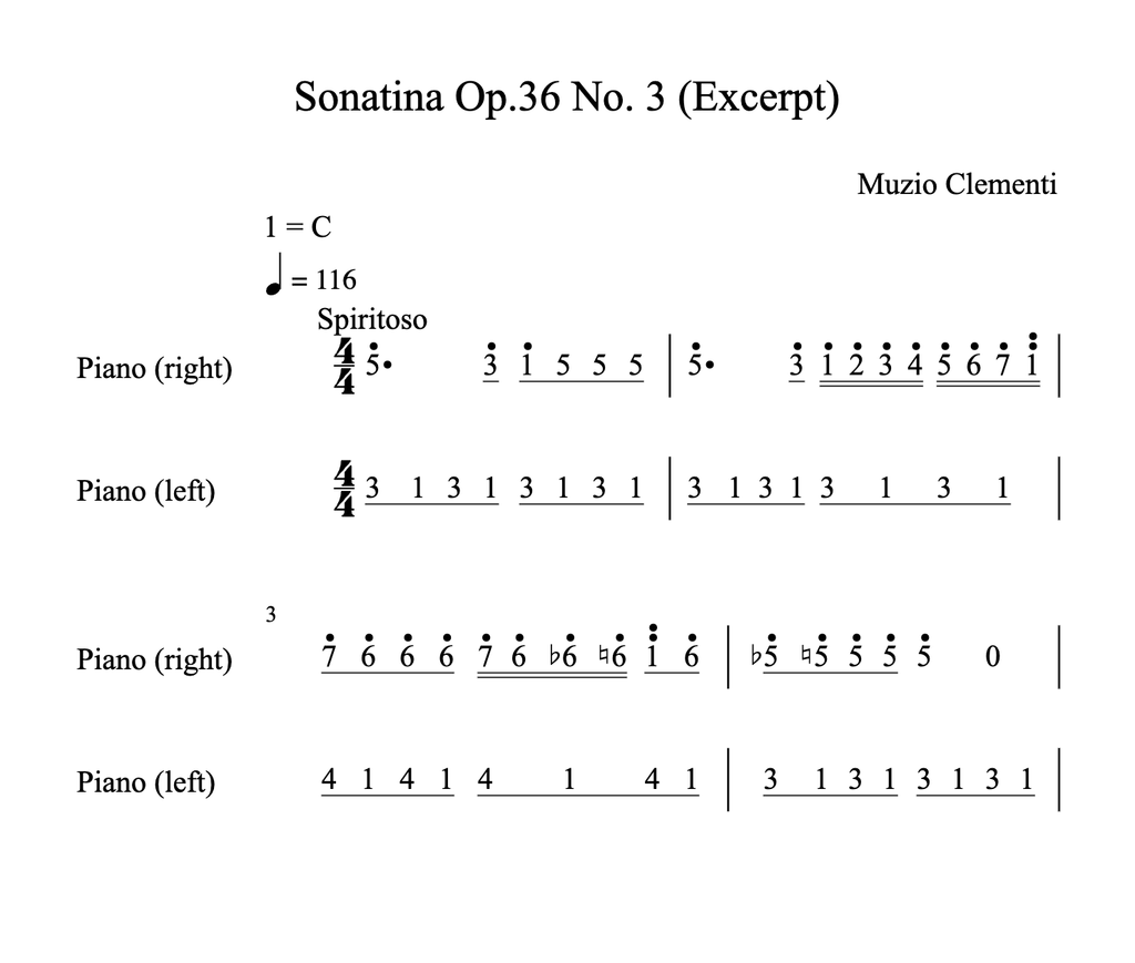The same opening of Clementi's Sonatina Op. 36 No. 3 in Jianpu, rendered by OSMD