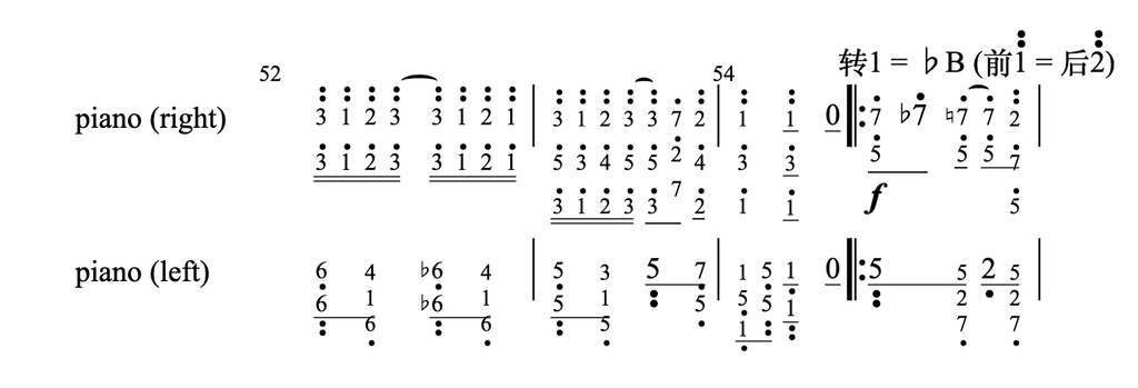 The Jianpu key change label 转1 = ♭B (前1 = 后2) in measure 55 of The Entertainer, rendered by OSMD