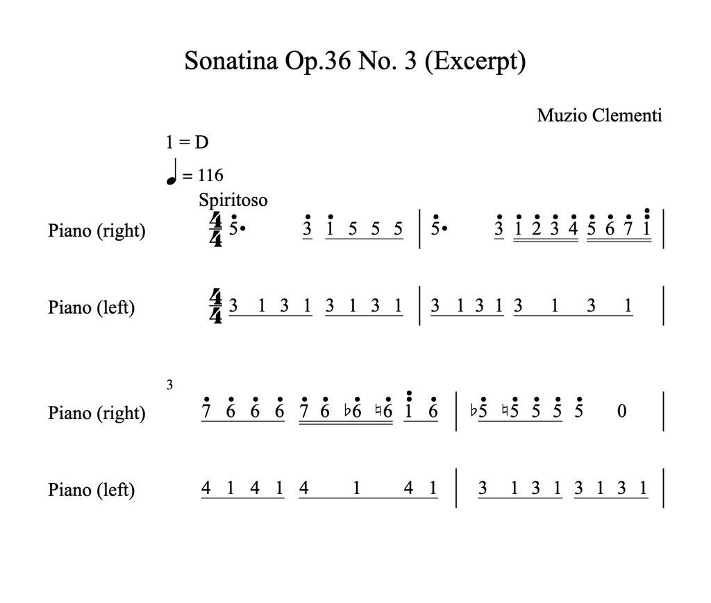 The Clementi opening in Jianpu transposed up a whole tone: the key reads 1 = D and the numbers are unchanged