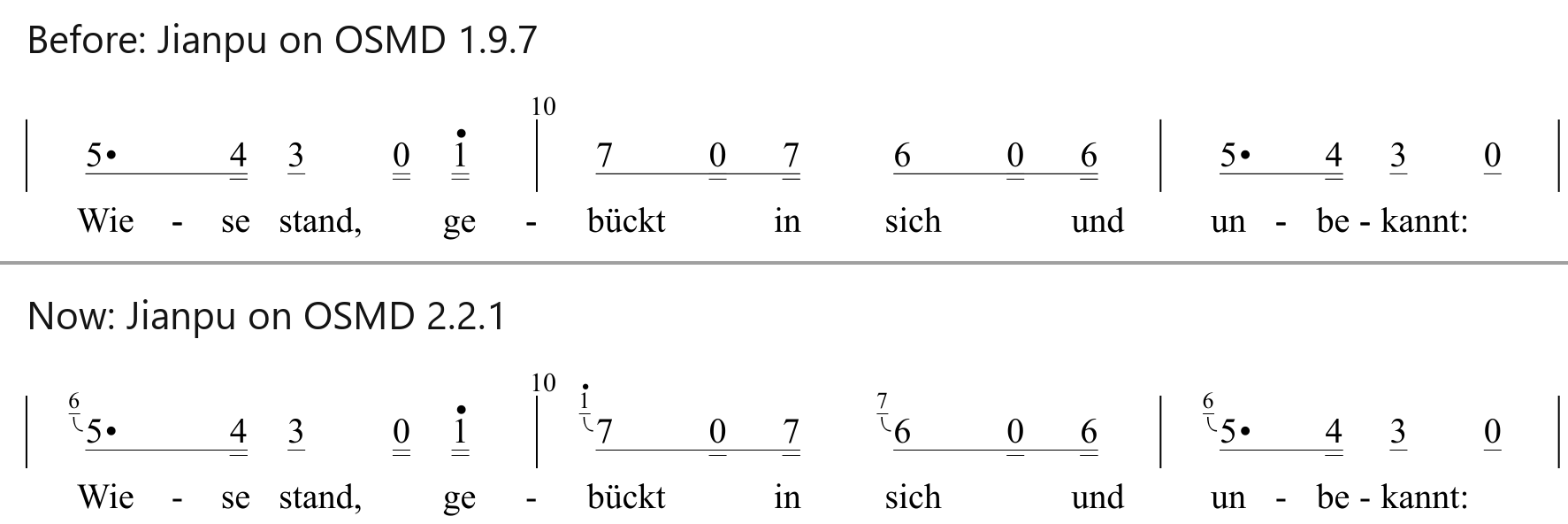 Measures 9 to 11 of Mozart's Das Veilchen in Jianpu: on OSMD 1.9.7 without the grace notes, on OSMD 2.2.1 with the grace notes as small numbers before their main notes